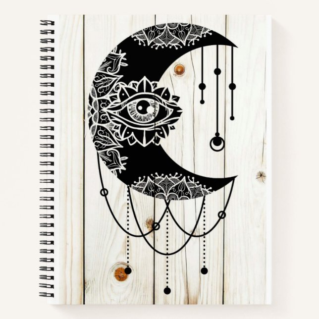 Ornate black moon eye mandala faded wood planks  notebook (Front)