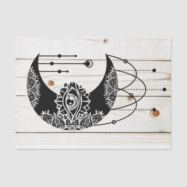 Ornate black moon eye mandala faded wood planks tissue paper (Front)