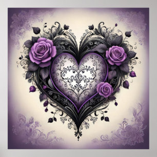 Ornate Black Purple Heart 💜 Gothic Vintage Style Poster
