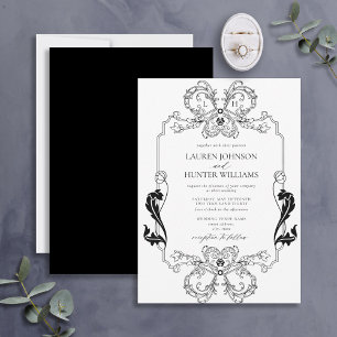 Ornate Black White Floral Line Art Monogram Invitation