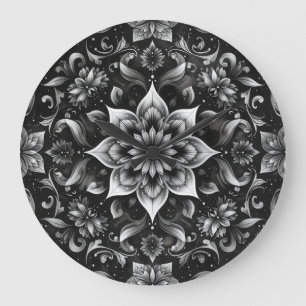 Ornate Black & White Floral Wall Clock