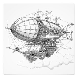 Ornate Black White Steampunk Zeppelin Drawing Photo Print