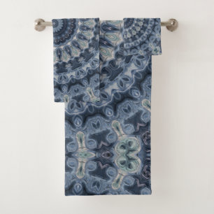 Ornate Blue and Black Medallion Design Bath Towel Set
