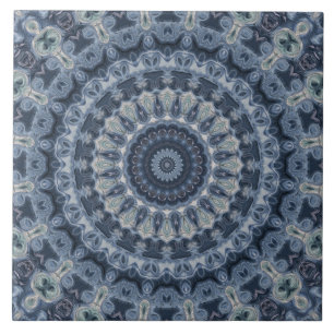 Ornate Blue and Black Medallion Design Ceramic Tile