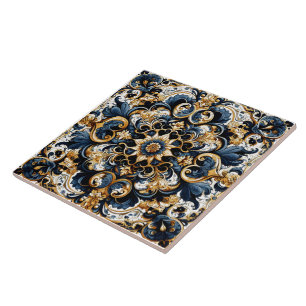 Ornate Blue and Gold Floral Tile Design
