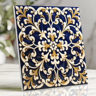Ornate Blue and Gold Scrollwork Ceramic Tile