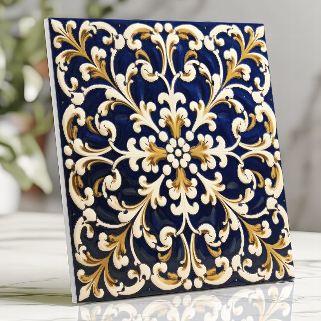 Ornate Blue and Gold Scrollwork Ceramic Tile (Creator Uploaded)