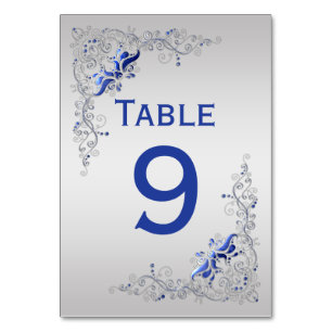 Ornate Blue and Silver Floral Swirls Table Numbers