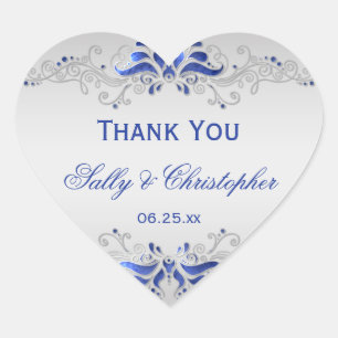 Ornate Blue and Silver Swirls Heart Wedding Favour Sticker