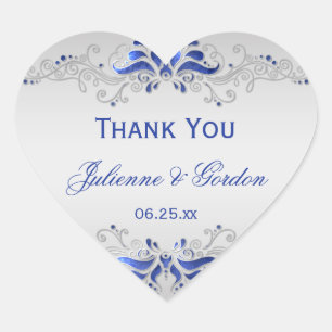 Ornate Blue and Silver Swirls Heart Wedding Favour Sticker