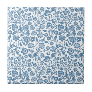 Ornate Blue and White Floral Vines Pattern Ceramic Tile
