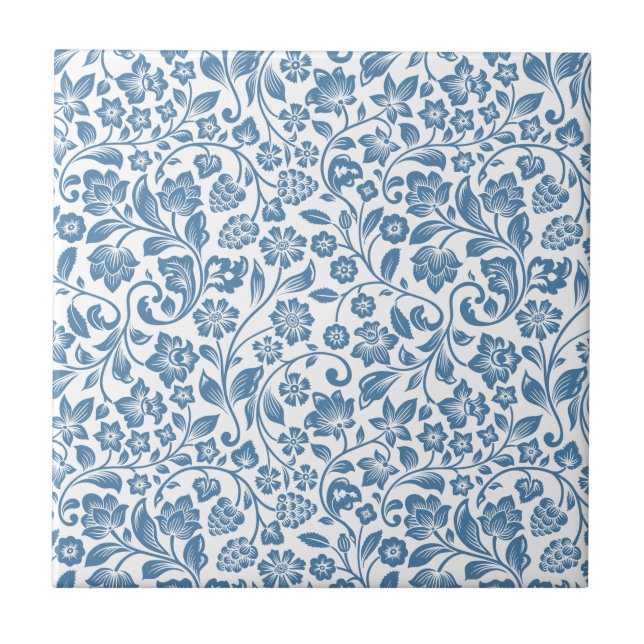 Ornate Blue and White Floral Vines Pattern Ceramic Tile (Front)