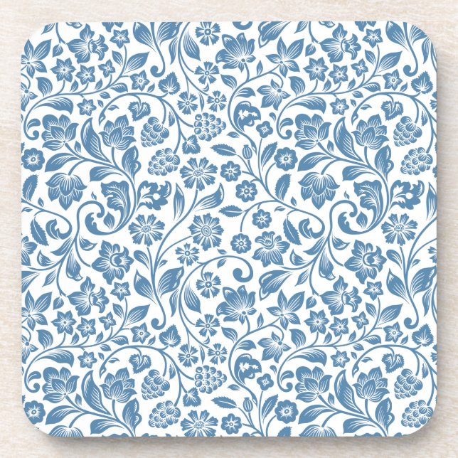 Ornate Blue and White Floral Vines Pattern Coaster (Front)