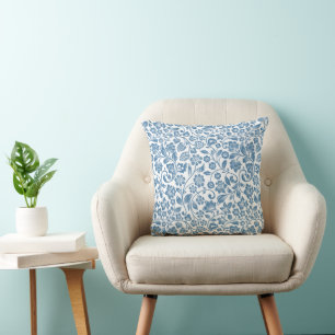 Ornate Blue and White Floral Vines Pattern Cushion