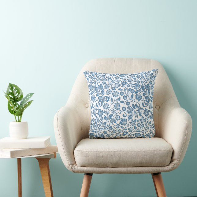 Ornate Blue and White Floral Vines Pattern Cushion (Chair)