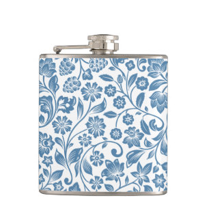 Ornate Blue and White Floral Vines Pattern Hip Flask
