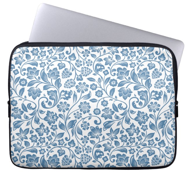 Ornate Blue and White Floral Vines Pattern Laptop Sleeve (Front)