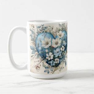 ORNATE BLUE CREAM GOLD FLORAL HEARTS COFFEE MUG