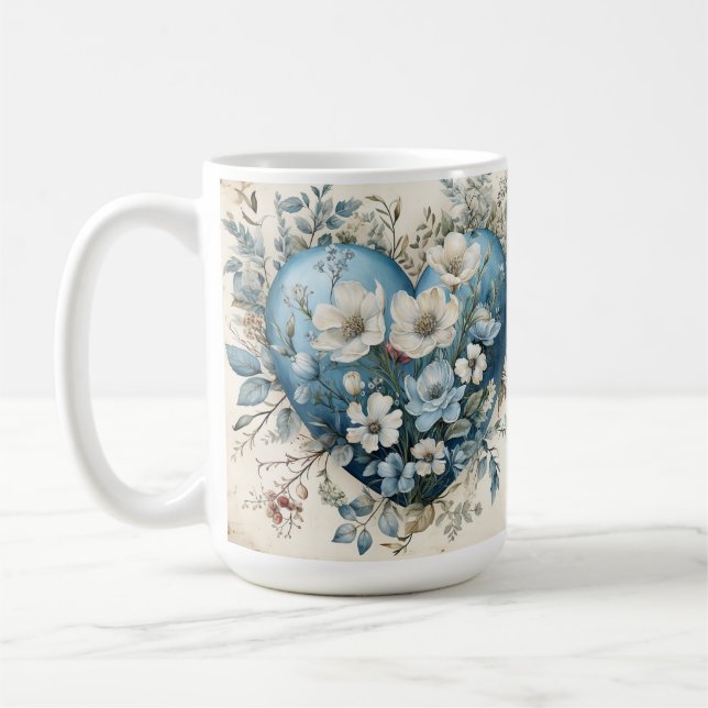 ORNATE BLUE CREAM GOLD FLORAL HEARTS COFFEE MUG (Left)