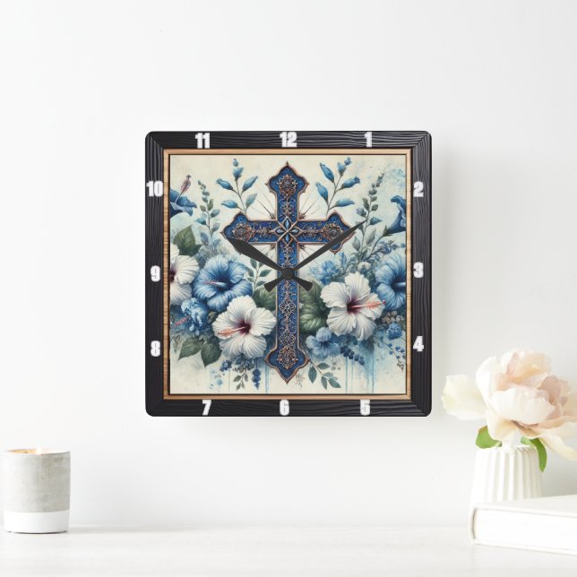 Ornate Blue Cross White Hibiscus Square Wall Clock (Home)