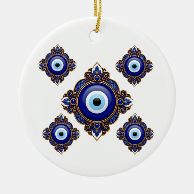 Ornate Blue Evil Eye Sublimation Design Ceramic Ornament (Front)