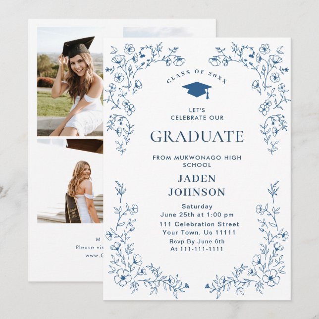Ornate Blue Floral Grace 4 Photo Graduation Party Invitation (Front/Back)