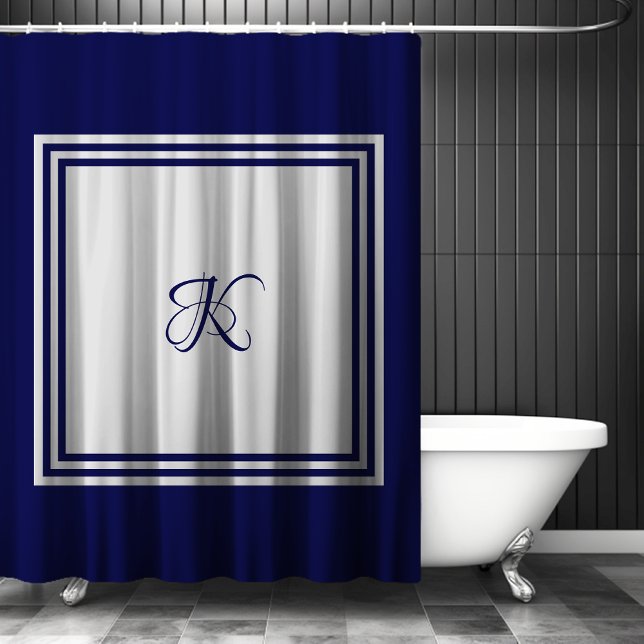 Ornate Blue Grey Square Initial Monogram Shower Curtain (Creator Uploaded)