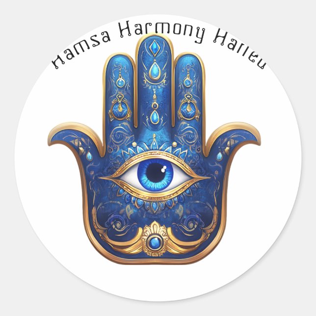 Ornate Blue Hamsa Hand with Evil Eye Symbol Classic Round Sticker (Front)