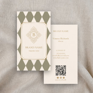 Ornate Blue Harlequin Gold Vintage Monogram QR  Business Card