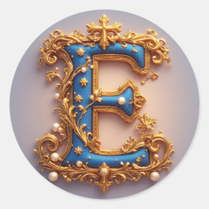 Ornate Blue Letter E Classic Round Sticker