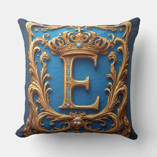 Ornate Blue Letter E Cushion (Front)