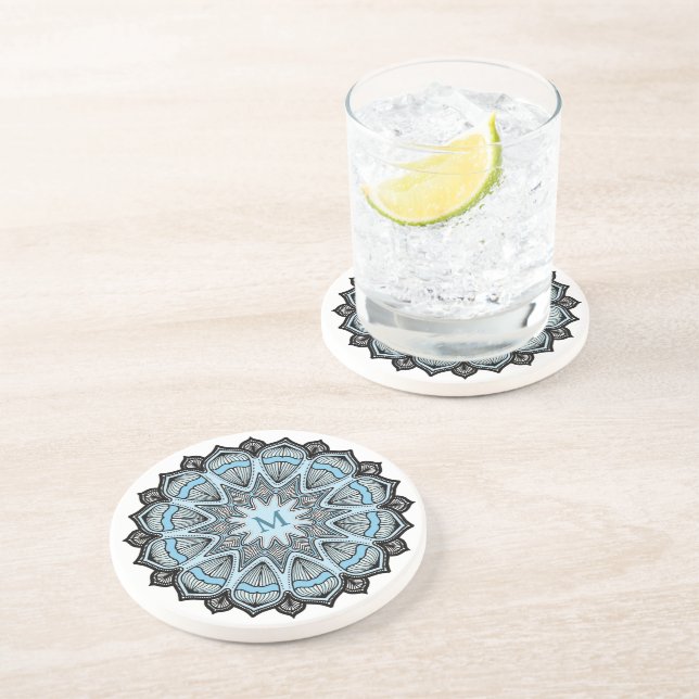 Ornate Blue Monogram Mandala Coaster (Side)
