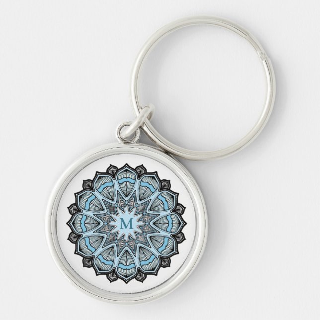 Ornate Blue Monogram Mandala Key Ring (Front)