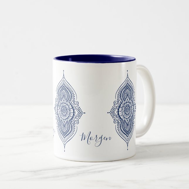 Ornate Blue Paisley Mandala Two-Tone Coffee Mug (Front Right)