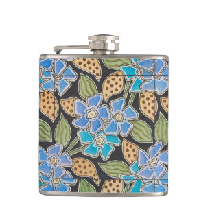 Ornate Blue Periwinkle Floral Classic Art Nouveau Hip Flask