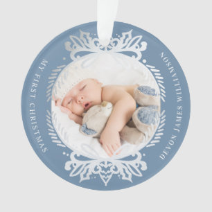 Ornate Blue & Silver Crest Baby's First Christmas Ornament