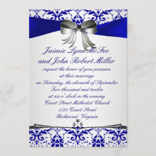 Ornate Blue Silver Damask Wedding Invitation