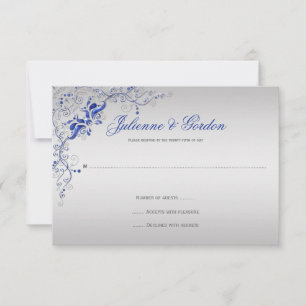 Ornate Blue Silver floral Swirls RSVP Card