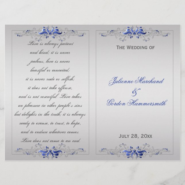 Ornate Blue Silver Floral Swirls Wedding Program (Front)
