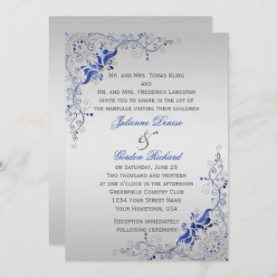 Ornate Blue Silver Floral Swirls Weddings Invitation