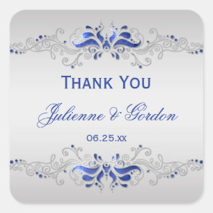Ornate Blue Silver Swirls Square Wedding Favour Square Sticker