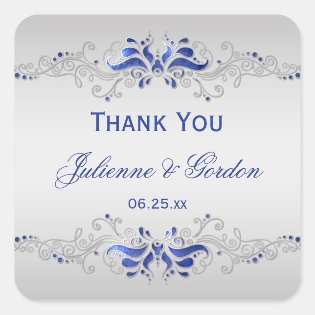 Ornate Blue Silver Swirls Square Wedding Favour Square Sticker (Front)