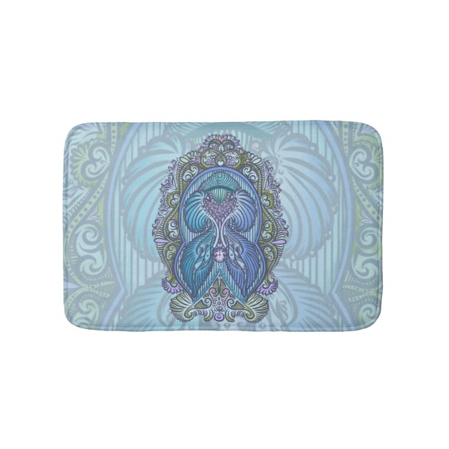 Ornate Blue & Teal Mandala Design Bath Mat (Front)