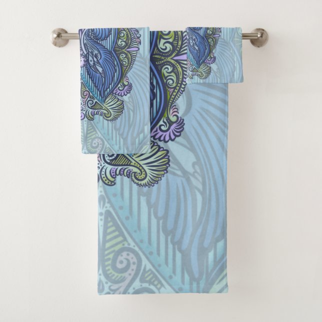 Ornate Blue & Teal Mandala Design Bath Towel Set (Insitu)