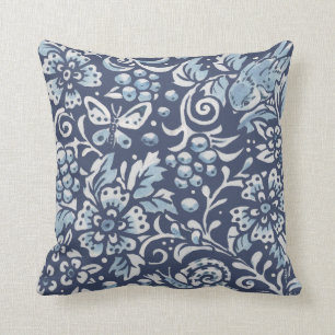 Ornate Blue White Forest Bird Butterfly Woodland Cushion