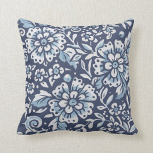 Ornate Blue White Forest Damask Floral Woodland Cushion