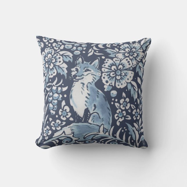 Ornate Blue White Forest Fox Grapes Woodland Cushion (Front)