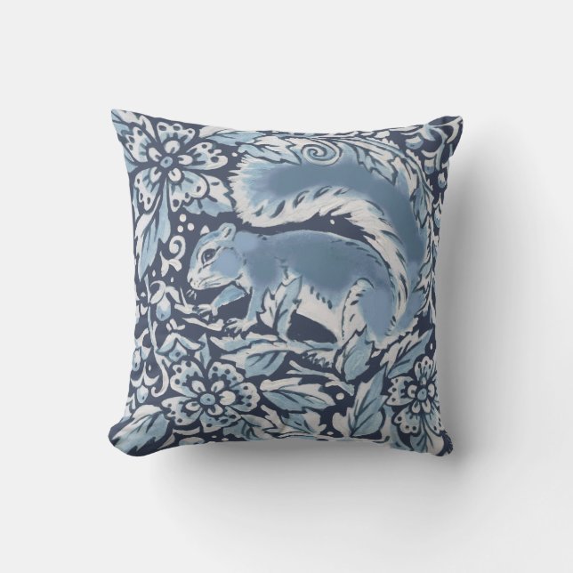 Ornate Blue White Forest Squirrel Floral Woodland Cushion (Front)