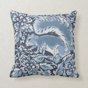 Ornate Blue White Forest Squirrel Floral Woodland Cushion