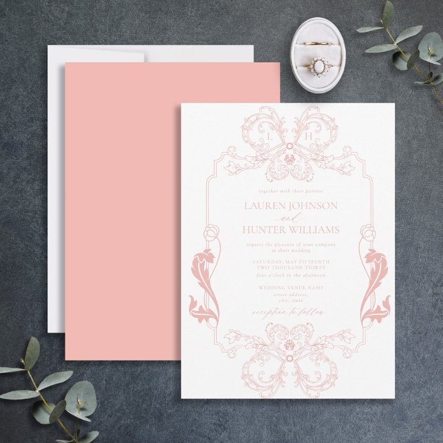 Ornate Blush Pink Floral Line Art Monogram Wedding Invitation (Creator Uploaded)